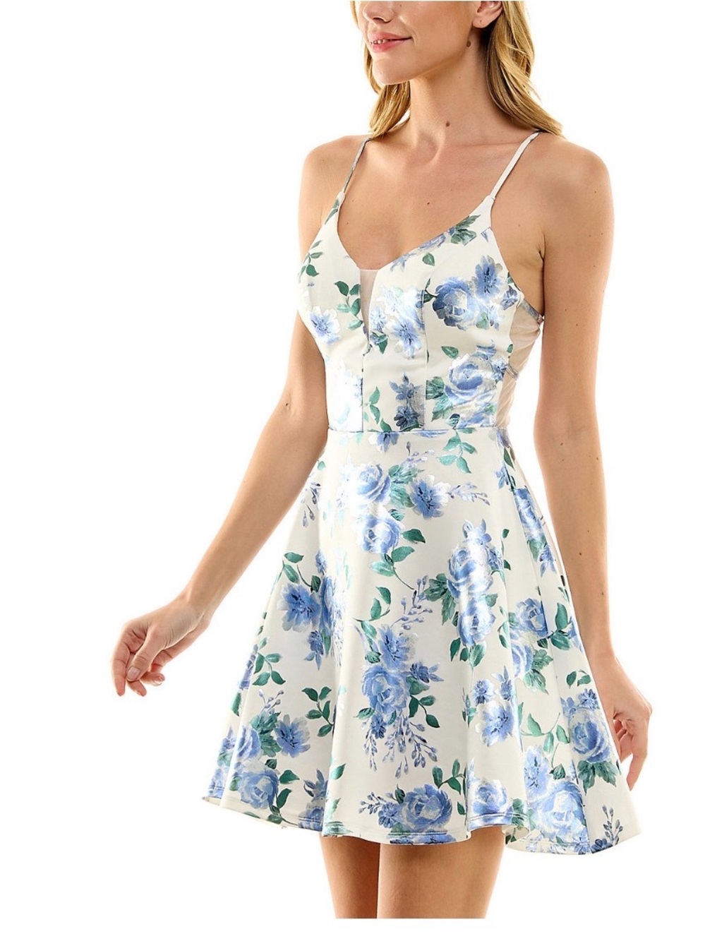 City Studios Juniors' Floral-Metallic Print Mesh-Insert Skater Dress